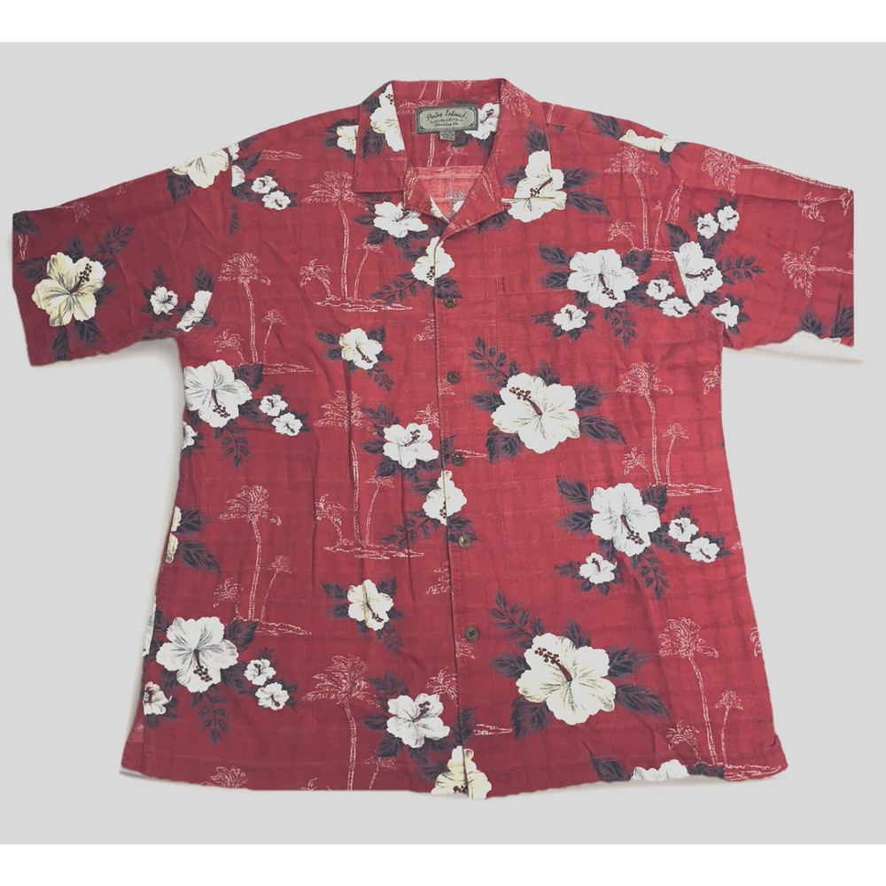 Sz XL Hawaiian Men Shirt Woven Cotton Blend Red & White Palm Island Hybiscus